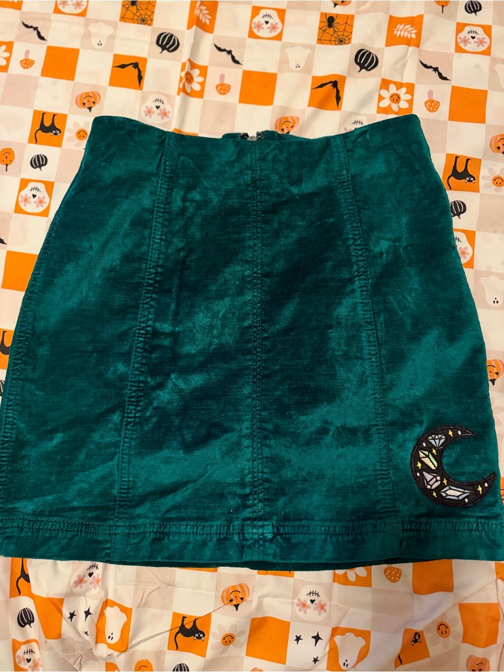 Free People Emerald Velvet Mini Skirt with Crescent Patch